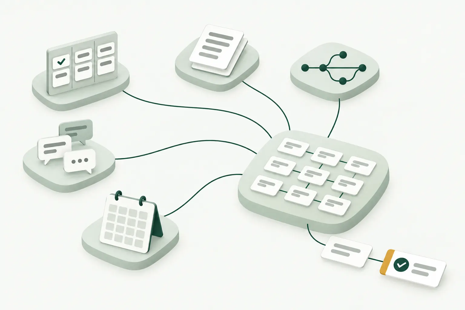 The same five islands, task board, document, code branch, chat and calendar, now each send an unbroken thread into one central model of neatly linked tasks, from which a single approved action emerges.