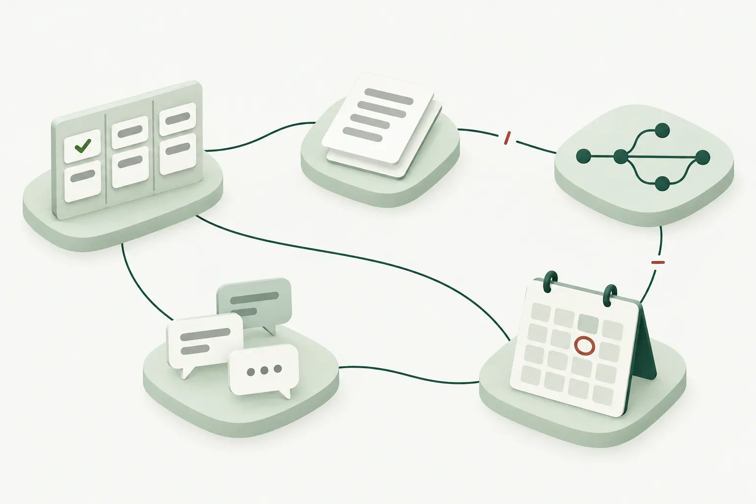 Five separate islands hold a task board, a document, a code branch, a chat thread with an unanswered message and a calendar with a date circled in red. The threads between them are broken in two places, and a task marked done on the board links to that overdue date.